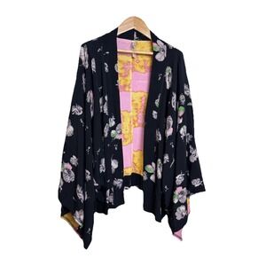 Intimately Free People Double Layer Black Floral Kimono Short Sleeve Size Large